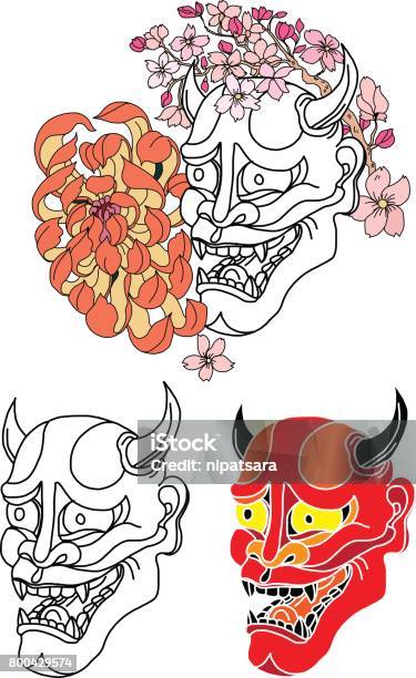 Oni Mask With Sakura And Peony Flower Stock Illustration - Download Image Now - Tattoo, Mask - Disguise, Demon - Fictional Character