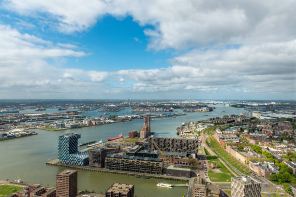 Aerial view of the Rotterdam skyline, view on west side This image is GPS tagged On the right the Coolhaven, Delfshaven, en Schiedam. On the left the river Nieuwe Maas with Waalhaven en Pernis desiderius erasmus stock pictures, royalty-free photos & images