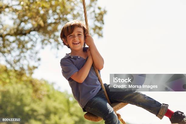 Portrait Of Happy Boy Playing On Swing Against Sky Stock Photo - Download Image Now - Child, Playing, Playful