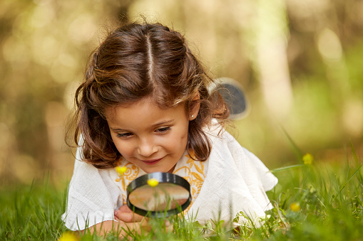 Close-up of cute girl looking at grass through magnifying glass. Smiling female is using equipment. She is doing research in forest.