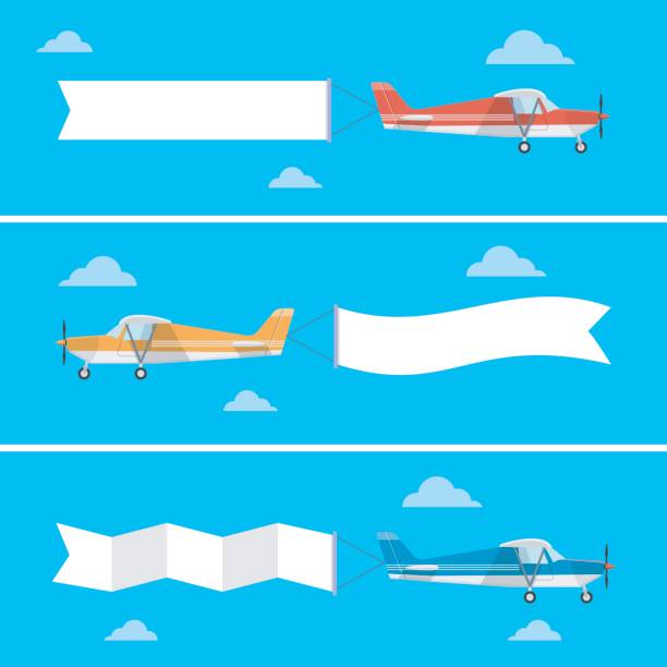 가벼운 비행기 플랫 스타일에 배너를 당겨. - airplane banner biplane retro revival stock illustrations