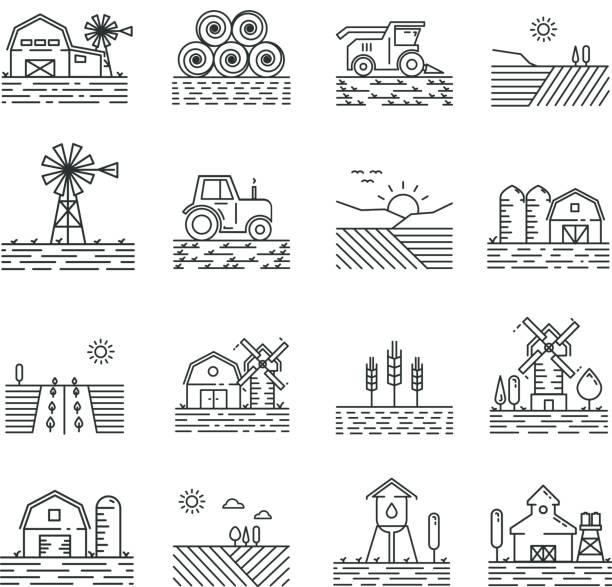 illustrazioni stock, clip art, cartoni animati e icone di tendenza di icone agricole in uno stile lineare sottile - agriculture field tractor landscape