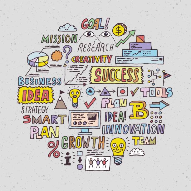 istock Doodle Business People with Graph and Charts. Hand Drawn Vector Circle Color Illustration. 800453038