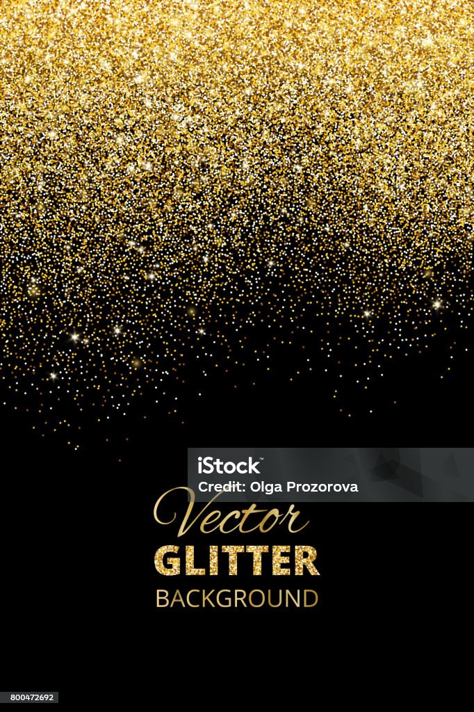 Vector illustration of falling glitter confetti, golden dust. Fe Festive black background with falling glitter confetti, golden dust. Sparkling glitter border, vector frame. Great for wedding invitations, party posters, christmas, new year and birthday cards. Gold - Metal stock vector