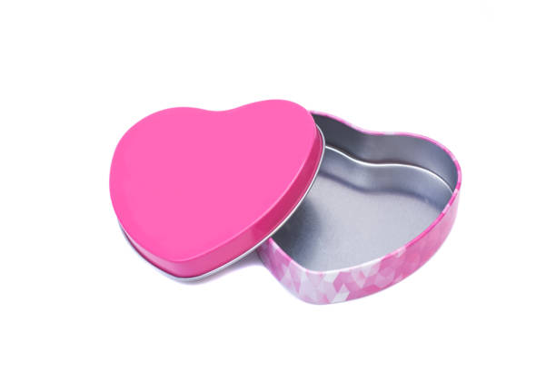 Open metal box in shape of heart isolated on white