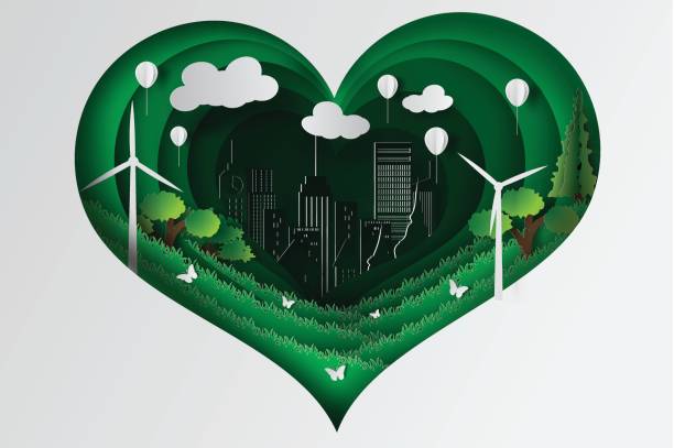 бумажный художественный стиль сердца зеленый город с экологией концепции идея, вектор - heart shape grass paper green stock illustrations