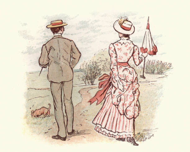 ilustrações, clipart, desenhos animados e ícones de jovem casal vitoriana entrando o contryside - randolph caldecott