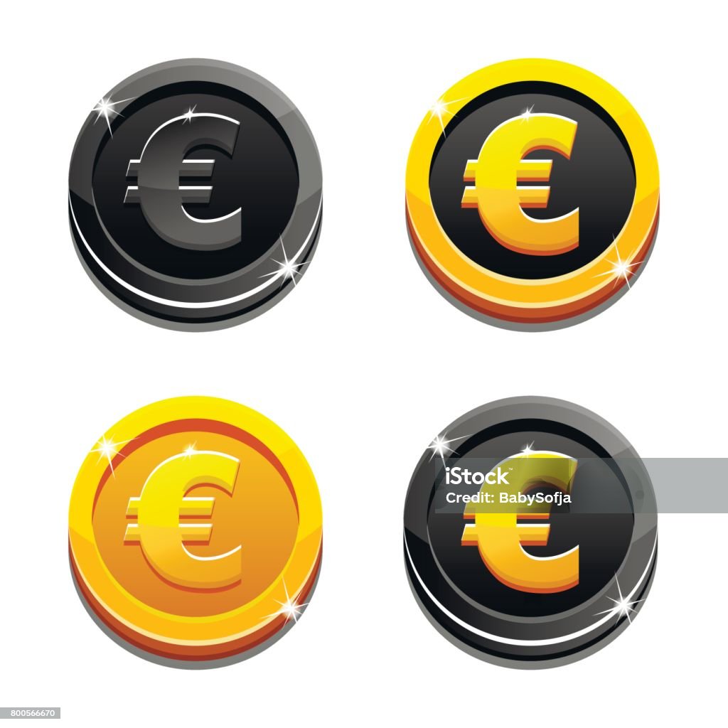Cartoon set golden and black dollar coins Cartoon set golden and black euro coins, vector simbols Abstract stock vector