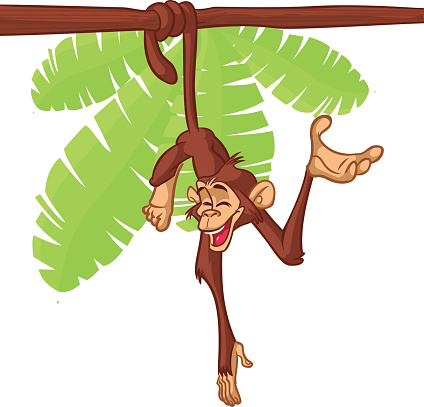 Cute Monkey Chimpanzee Hanging  On Wood Branch Flat Bright Color Simplified Vector Illustration In Fun Cartoon Style Design. Vector drawing of a monkey outlined