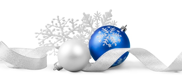 Blue classic Christmas ornament on tree with blurred bokkeh background