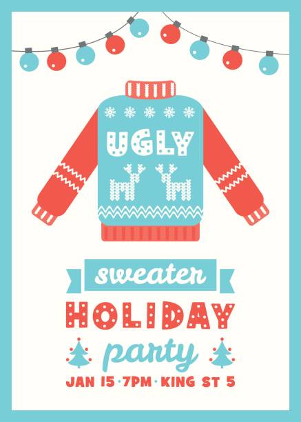 hässliche pullover partyeinladung weihnachtskarte - häßlichkeit stock-grafiken, -clipart, -cartoons und -symbole