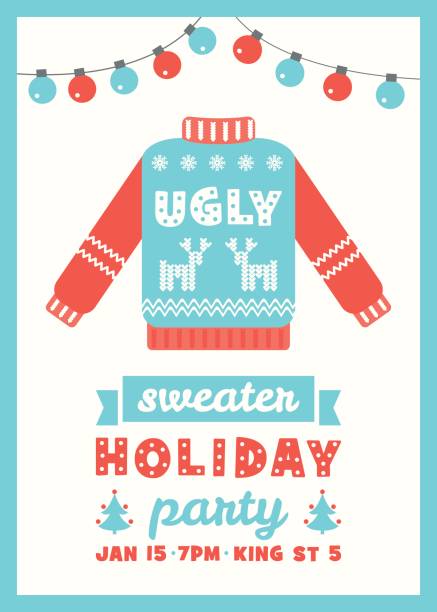 ilustrações de stock, clip art, desenhos animados e ícones de ugly sweater holiday party invitation card - ugliness