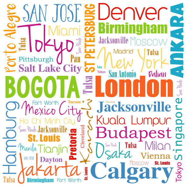 Cities in the world word cloud collage Cities in the world word cloud collage, travel destinations concept background java colombia stock illustrations