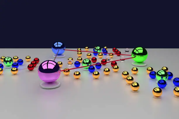 3D rendering of an assembly of glossy balls on a white surface