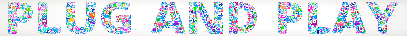Plug-And-Play Future and Internet Communication Technology Vector Buttons. This vector illustration features the main composition composed of intenet, media and communications icons on gradient background. The vector icons vary in size and color and are the main focus of this illustration is a sigle word made up of the vector icons. The background is light with a slight gradient. A seamless pattern is formed by the vector technology icons. This image is ideal for technology and comminication businesses. Each icon is detailed and can be used independently.