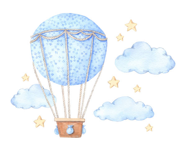 handgezeichnete aquarell illustration - heißluftballon in den himmel. ideal für baby-drucke, plakate, einladungen etc. - sun sky child balloon stock-grafiken, -clipart, -cartoons und -symbole