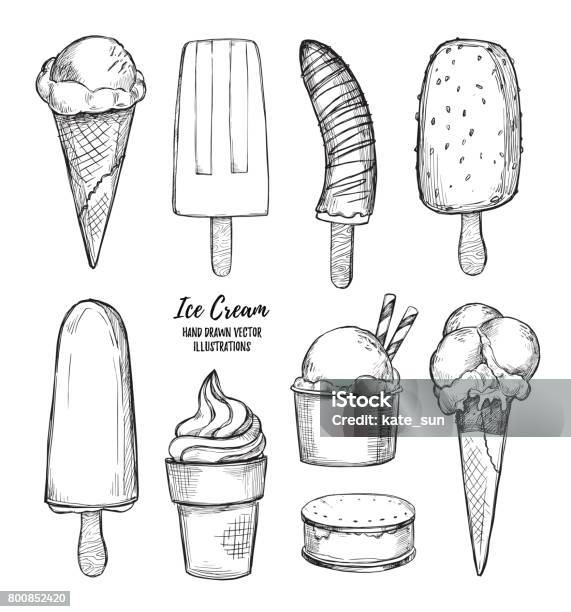 Hand Drawn Vector Illustrations Collection Of Ice Cream And Gelato Perfect For Advertising Print Fabric Postcard Flyer Etc Stock Illustration - Download Image Now