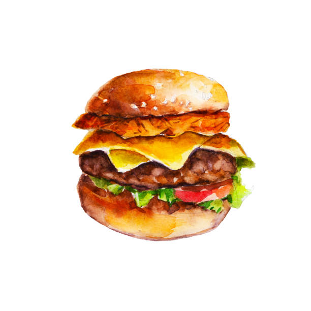수채화 그림을 흰색 배경에 고립 된 해시 브라운과 야채, 햄버거 - take out food white background isolated on white american cuisine stock illustrations