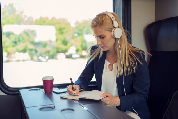 istock Businesswoman podcasting in the train 800853428