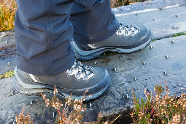 istock Hiking boots on studded wooden footbridge 800863762
