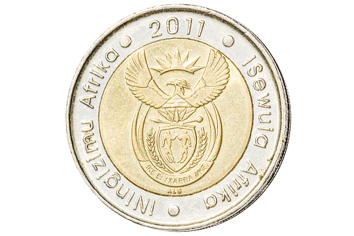 South African five rand coin introduced in 2004 closeup with symbol of coat of arms of South Africa. Isolated on white studio background.