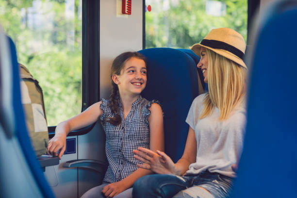 istock Mother and daughter traveling by train together 800866734