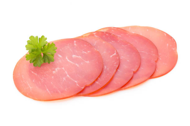 istock Pork ham slices isolated on white background. 800867104