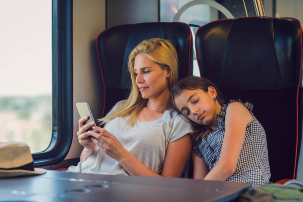 istock Mother and daughter traveling by train together 800871710