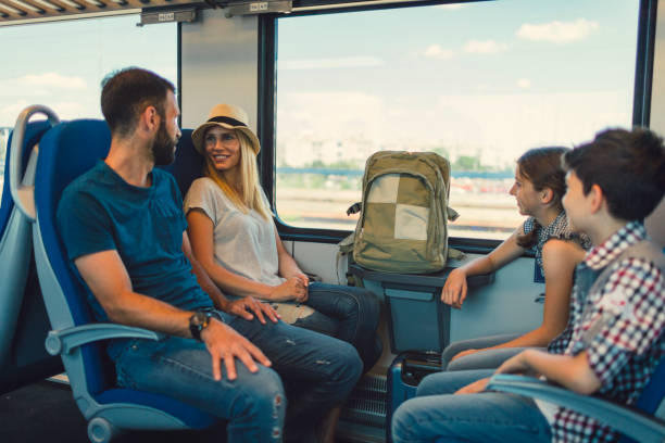 istock Family traveling by train together 800874032