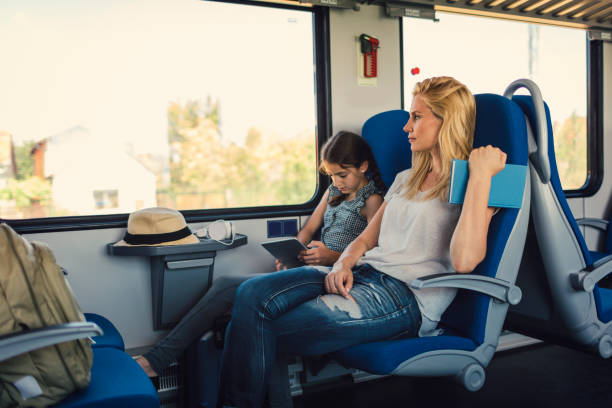 istock Mother and daughter traveling by train together 800874600