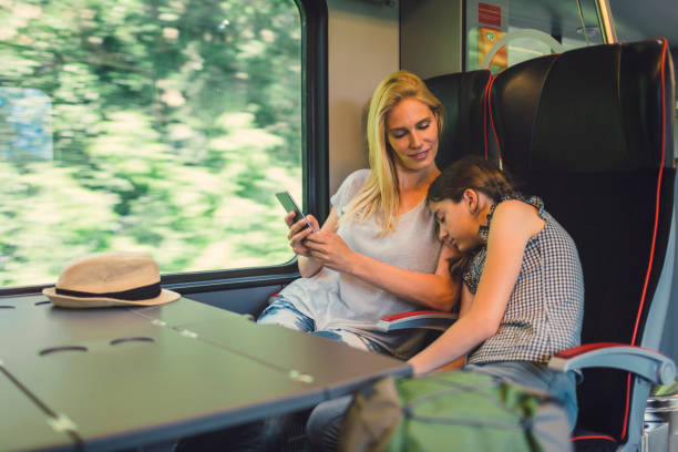 istock Mother and daughter traveling by train together 800886426