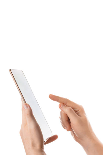 istock Man hold and touching the blank screen on the white tablet. Isolated on white 800908418