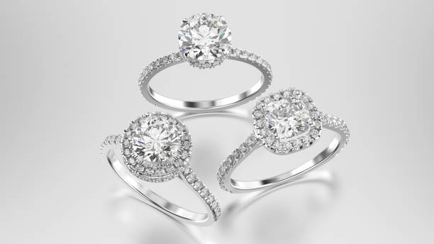 illustrazione 3d tre diversi anelli di diamanti in oro bianco o argento con riflessione - jewelry gem gold reflection foto e immagini stock