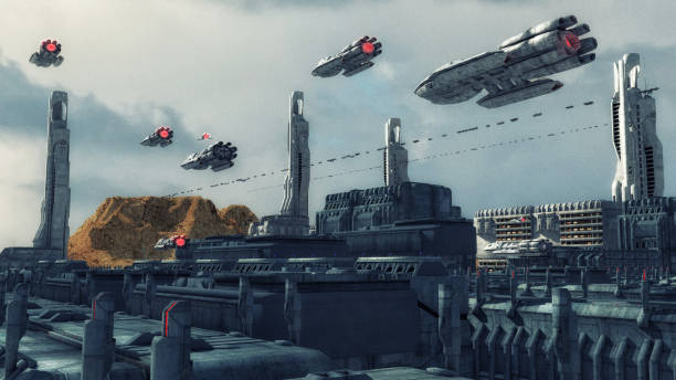 istock 3d render. Futuristic city and spaceship 800940770