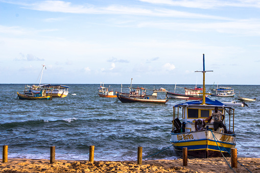 Mata de Sao Joao, Bahia, Brazil, August 22, 2013. Fishing boats on Porto Beach, in the village of Forte Beach, in the municipality of Mata de Sao Joao, north coast of Bahia.