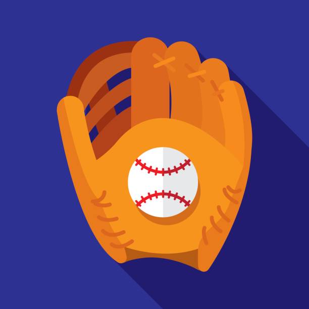 Baseball Glove Icon Flat Vector illustration of a baseball glove holding a baseball against a blue background in flat style. softball ball stock illustrations