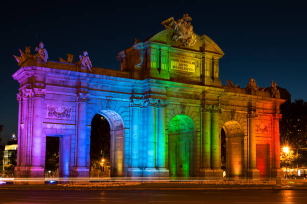 Alcala Gate in Madrid Celebrating World Pride Week Illuminated in Raainbow Colors