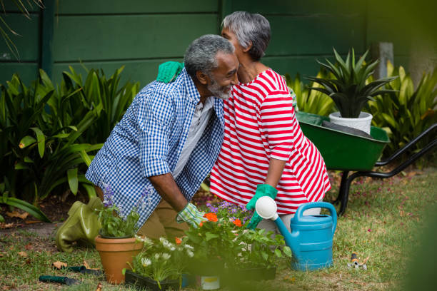 istock Happy senior couple embracing while kneeling in backyard 800992608