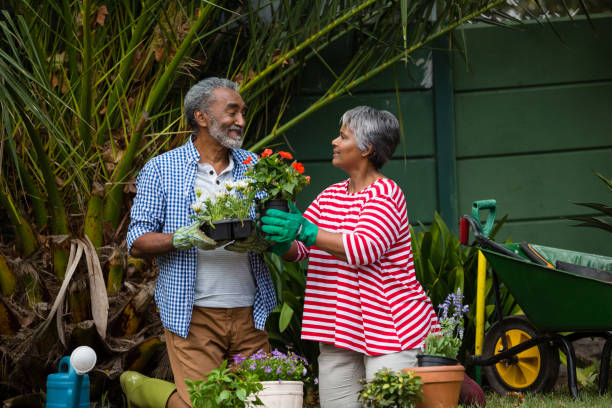 coppia anziana che si guarda l'un l'altro nel cortile di casa - gardening couple senior adult ethnic foto e immagini stock