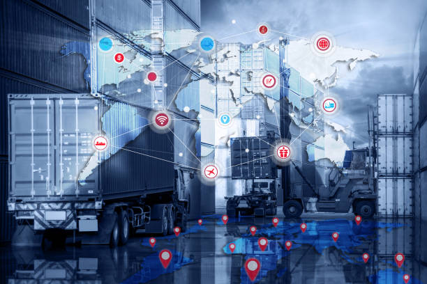 Smart technology concept with global logistics partnership and transportation of Container Cargo ship and Cargo plane