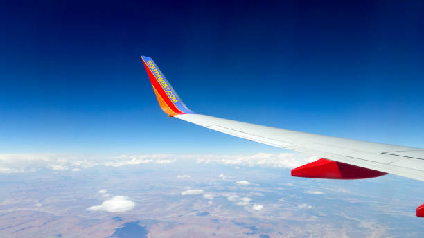 Airplane Wing While In The Air stock photo