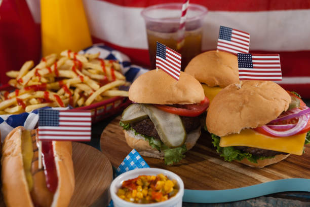 istock Hot dog and hamburgers decorated with 4th july theme 801021766