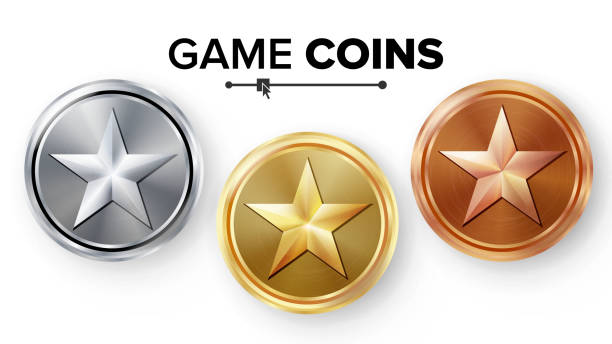 ilustraciones, imágenes clip art, dibujos animados e iconos de stock de juego oro, plata, monedas de bronce set de vector con estrellas. ilustración del icono de logro realista. fila de medallas para interfaz de usuario del juego, web, videojuegos o interfaz de la aplicación - bronze silver gold perks