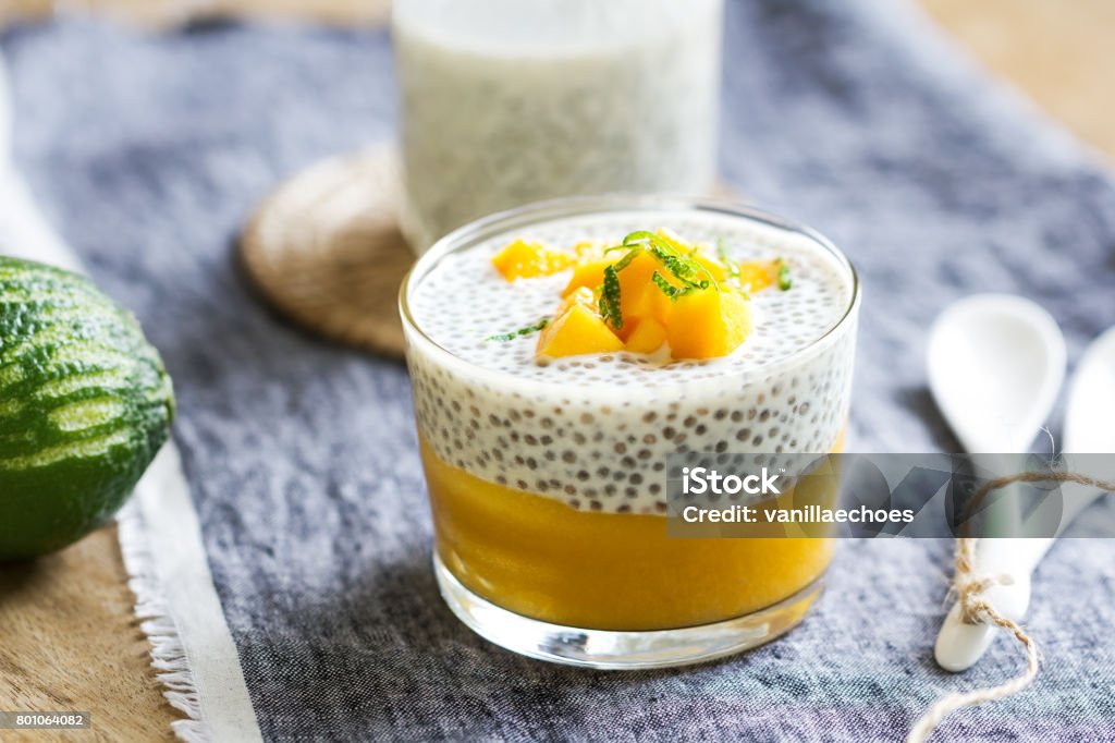 Chia in homemade Soy milk with Mango puree, Mango chunk Chia in homemade Soy milk with Mango puree, Mango chunk and Lime zest Block Shape Stock Photo