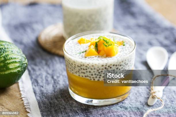 Chia In Homemade Soy Milk With Mango Puree Mango Chunk Stock Photo - Download Image Now