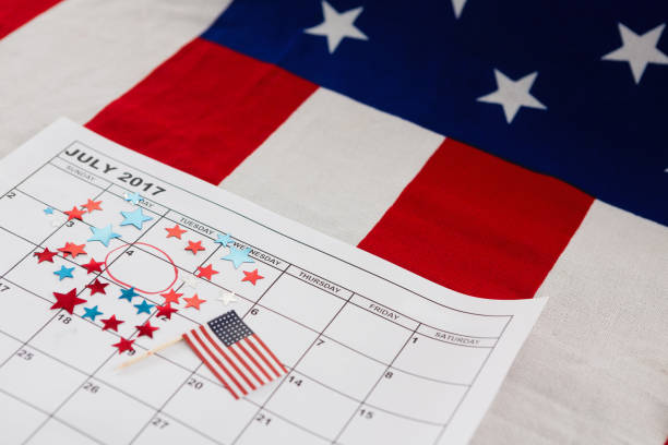 istock Calendar marked with star shape decoration and American flag 801102632