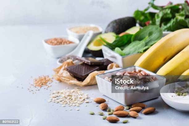 Assortment Of Healthy High Magnesium Sources Food Stock Photo - Download Image Now - Magnesium, Antioxidant, Avocado