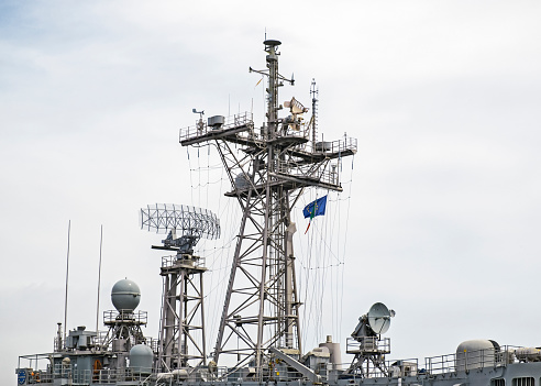 Radar apparatus on the deck of a naval frigate