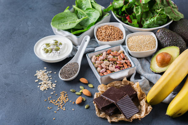 Assortment of healthy high magnesium sources food stock photo