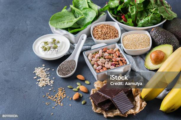 Assortment Of Healthy High Magnesium Sources Food Stock Photo - Download Image Now - Magnesium, Food, Origins